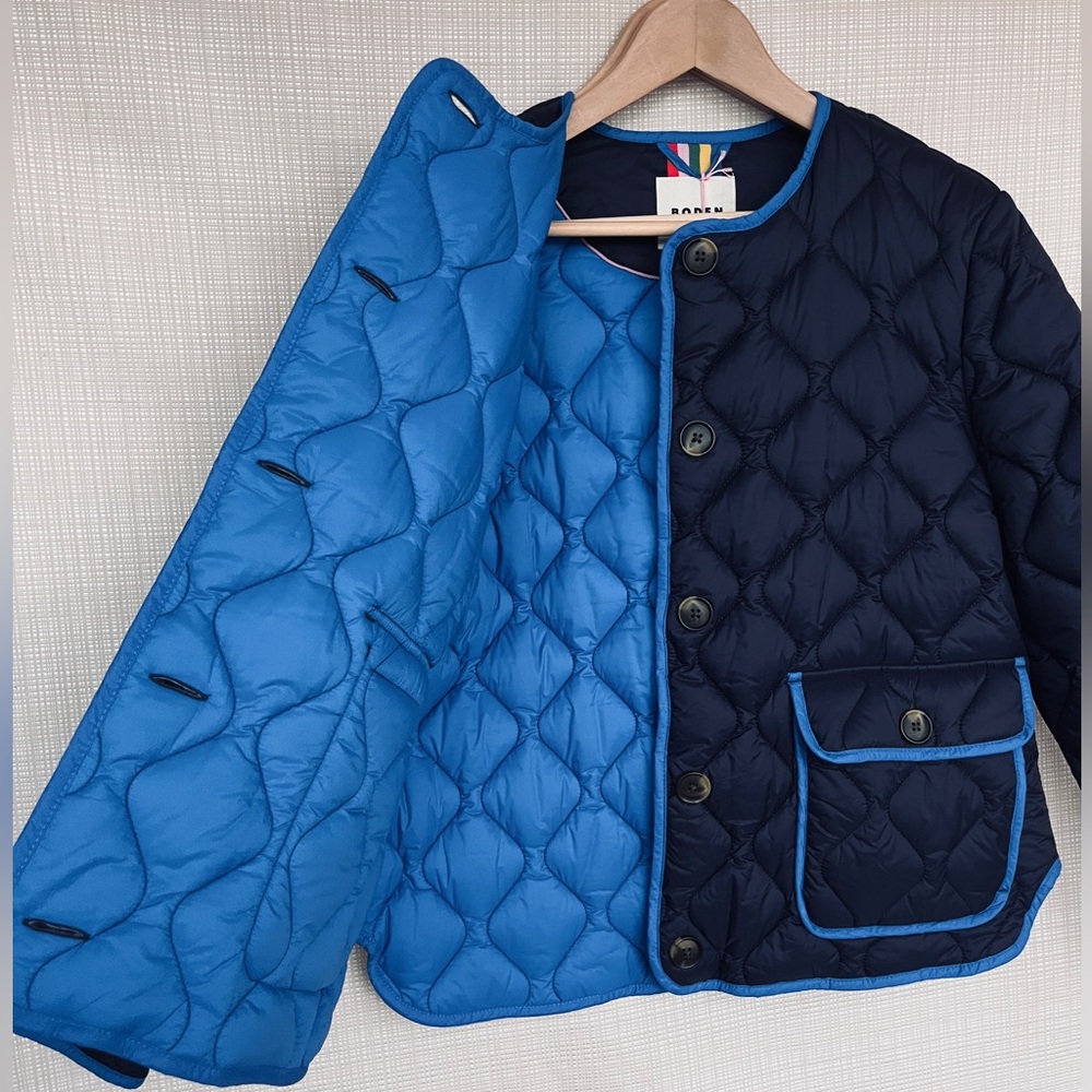 NWT Boden Quilted Jacket Preppy Collarless Jacket Quilted Coat Contrast Piping - Picture 9 of 15